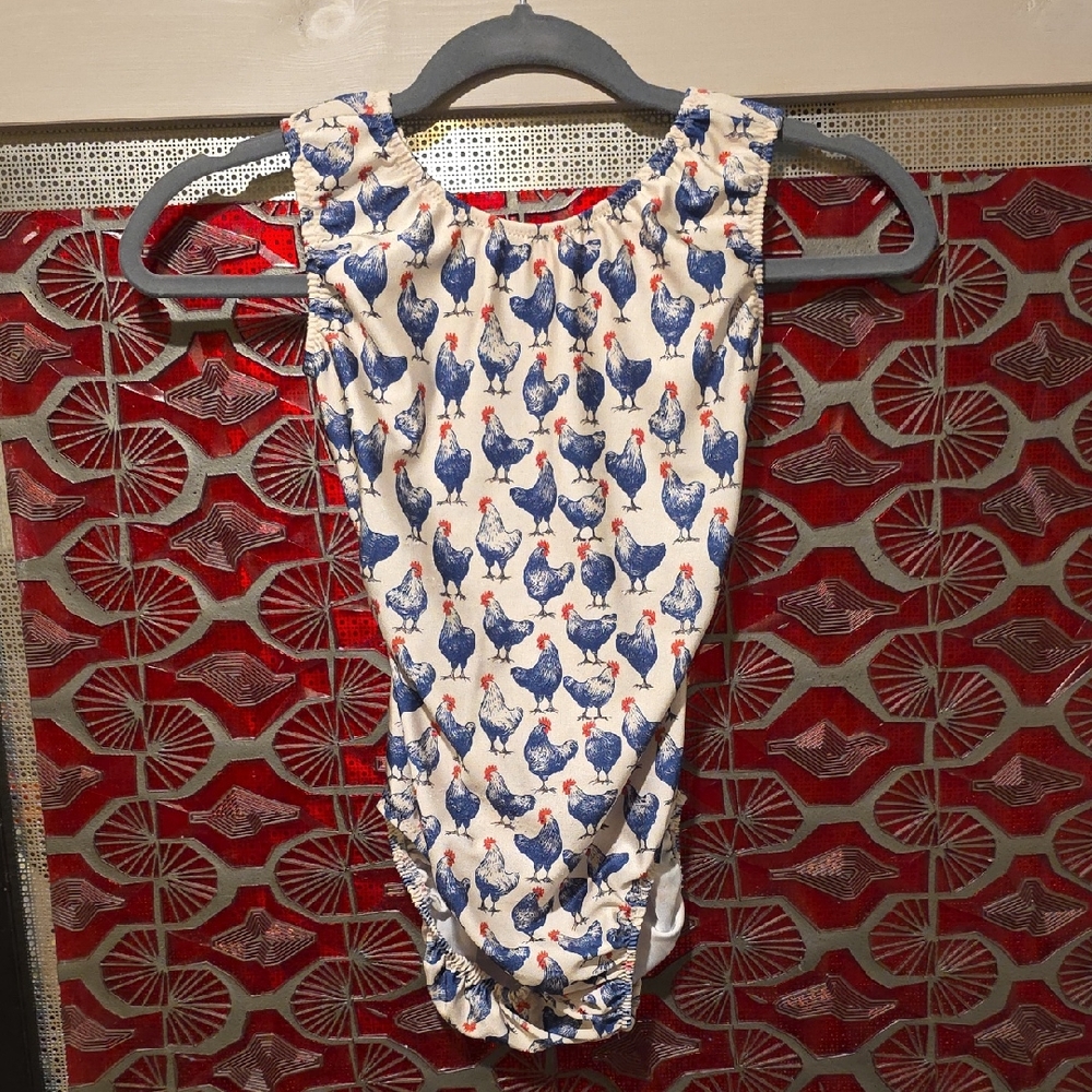 Foxy's Open Back Charming Blue and White Chicken Print Leotard
